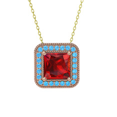 Garnet ve akuamarin 925 ayar rose altın kaplama gümüş kolye (40 cm gümüş rolo zincir)