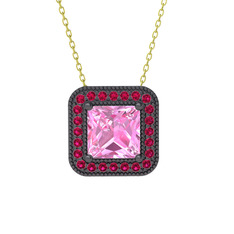 Pembe kuvars ve rodolit garnet 925 ayar siyah rodyum kaplama gümüş kolye (40 cm altın rolo zincir)