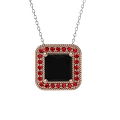 Esinti Kare Kolye - Siyah zirkon ve garnet 8 ayar rose altın kolye (40 cm beyaz altın rolo zincir) #h61tt4