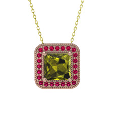 Esinti Kare Kolye - Peridot ve rodolit garnet 8 ayar rose altın kolye (40 cm altın rolo zincir) #hbk1kj