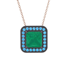 Esinti Kare Kolye - Kök zümrüt ve akuamarin 925 ayar siyah rodyum kaplama gümüş kolye (40 cm rose altın rolo zincir) #hg9ebc