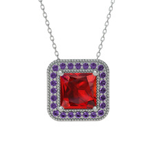 Esinti Kare Kolye - Garnet ve ametist 18 ayar beyaz altın kolye (40 cm gümüş rolo zincir) #hj62yz
