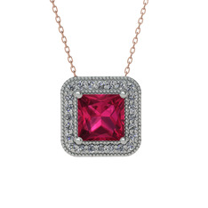 Esinti Kare Kolye - Rodolit garnet ve pırlanta 14 ayar beyaz altın kolye (0.264 karat, 40 cm rose altın rolo zincir) #hky11n