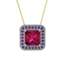 Rodolit garnet ve ametist 14 ayar beyaz altın kolye (40 cm altın rolo zincir)