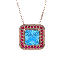 Akuamarin ve rodolit garnet 8 ayar rose altın kolye (40 cm rose altın rolo zincir)