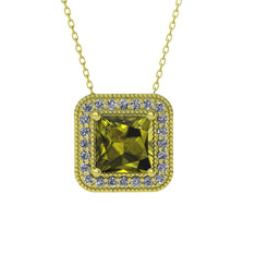 Peridot ve pırlanta 8 ayar altın kolye (0.264 karat, 40 cm altın rolo zincir)