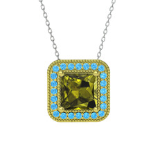 Esinti Kare Kolye - Peridot ve akuamarin 8 ayar altın kolye (40 cm gümüş rolo zincir) #j5hwrs