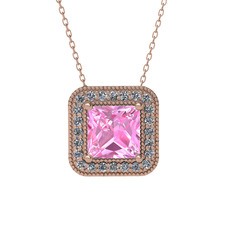 Esinti Kare Kolye - Pembe kuvars ve beyaz zirkon 14 ayar rose altın kolye (40 cm rose altın rolo zincir) #j7wsm