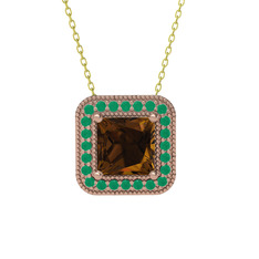 Esinti Kare Kolye - Dumanlı kuvars ve kök zümrüt 8 ayar rose altın kolye (40 cm altın rolo zincir) #jvmma