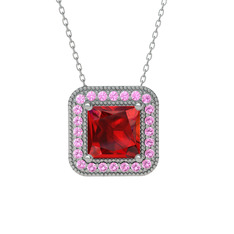 Garnet ve pembe kuvars 8 ayar beyaz altın kolye (40 cm beyaz altın rolo zincir)