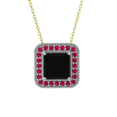 Siyah zirkon ve rodolit garnet 8 ayar beyaz altın kolye (40 cm gümüş rolo zincir)