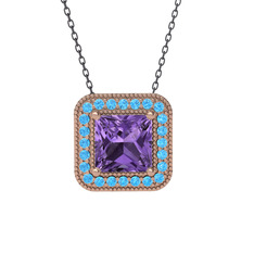 Esinti Kare Kolye - Ametist ve akuamarin 18 ayar rose altın kolye (40 cm gümüş rolo zincir) #lme99a