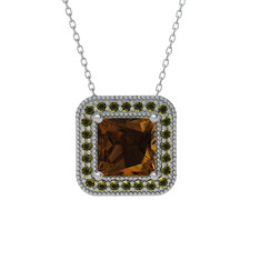 Esinti Kare Kolye - Dumanlı kuvars ve peridot 18 ayar beyaz altın kolye (40 cm beyaz altın rolo zincir) #lpwbpy