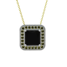 Siyah zirkon ve peridot 18 ayar beyaz altın kolye (40 cm gümüş rolo zincir)