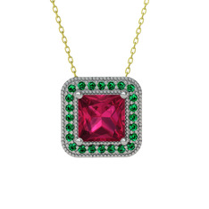 Esinti Kare Kolye - Rodolit garnet ve yeşil kuvars 14 ayar beyaz altın kolye (40 cm gümüş rolo zincir) #m45939