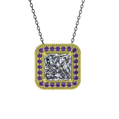 Esinti Kare Kolye - Swarovski ve ametist 18 ayar altın kolye (40 cm gümüş rolo zincir) #m8t16o