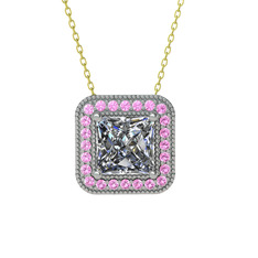 Esinti Kare Kolye - Swarovski ve pembe kuvars 8 ayar beyaz altın kolye (40 cm gümüş rolo zincir) #m9ptcn