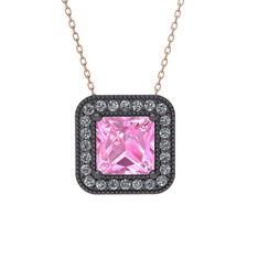 Esinti Kare Kolye - Pembe kuvars ve beyaz zirkon 925 ayar siyah rodyum kaplama gümüş kolye (40 cm gümüş rolo zincir) #n2bwkc