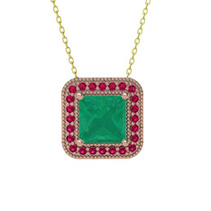 Esinti Kare Kolye - Kök zümrüt ve rodolit garnet 925 ayar rose altın kaplama gümüş kolye (40 cm altın rolo zincir) #nnlzug