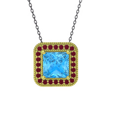 Esinti Kare Kolye - Akuamarin ve kök yakut 8 ayar altın kolye (40 cm gümüş rolo zincir) #nqwq5l