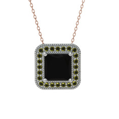 Esinti Kare Kolye - Siyah zirkon ve peridot 8 ayar beyaz altın kolye (40 cm rose altın rolo zincir) #nvkqru