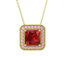 Garnet ve pembe kuvars 8 ayar altın kolye (40 cm altın rolo zincir)