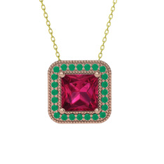 Rodolit garnet ve kök zümrüt 18 ayar rose altın kolye (40 cm altın rolo zincir)