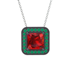 Esinti Kare Kolye - Garnet ve kök zümrüt 925 ayar siyah rodyum kaplama gümüş kolye (40 cm beyaz altın rolo zincir) #pqmbg2