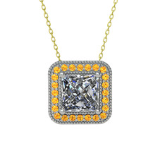 Beyaz zirkon ve sitrin 18 ayar beyaz altın kolye (40 cm gümüş rolo zincir)