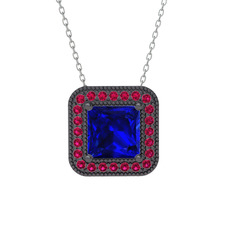 Esinti Kare Kolye - Lab safir ve rodolit garnet 925 ayar siyah rodyum kaplama gümüş kolye (40 cm beyaz altın rolo zincir) #pxhxf2