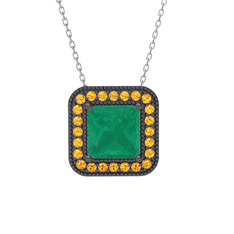 Esinti Kare Kolye - Kök zümrüt ve sitrin 925 ayar siyah rodyum kaplama gümüş kolye (40 cm beyaz altın rolo zincir) #q4jl97