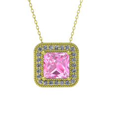 Esinti Kare Kolye - Pembe kuvars ve swarovski 18 ayar altın kolye (40 cm altın rolo zincir) #q5mheo