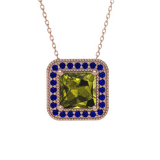 Esinti Kare Kolye - Peridot ve lab safir 14 ayar rose altın kolye (40 cm rose altın rolo zincir) #qb35hp