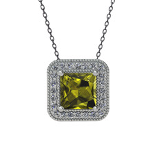Esinti Kare Kolye - Peridot ve pırlanta 18 ayar beyaz altın kolye (0.264 karat, 40 cm gümüş rolo zincir) #qmbllb