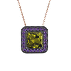 Esinti Kare Kolye - Peridot ve ametist 925 ayar siyah rodyum kaplama gümüş kolye (40 cm rose altın rolo zincir) #qox764