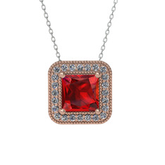 Esinti Kare Kolye - Garnet ve pırlanta 14 ayar rose altın kolye (0.264 karat, 40 cm beyaz altın rolo zincir) #qpxun4