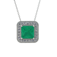 Esinti Kare Kolye - Kök zümrüt ve beyaz zirkon 14 ayar beyaz altın kolye (40 cm gümüş rolo zincir) #qsbtfk