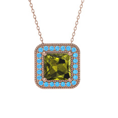 Peridot ve akuamarin 18 ayar rose altın kolye (40 cm rose altın rolo zincir)