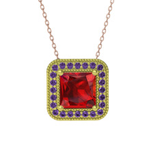 Esinti Kare Kolye - Garnet ve ametist 14 ayar altın kolye (40 cm rose altın rolo zincir) #r2mmra