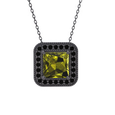 Esinti Kare Kolye - Peridot ve siyah zirkon 925 ayar siyah rodyum kaplama gümüş kolye (40 cm gümüş rolo zincir) #r71oo7