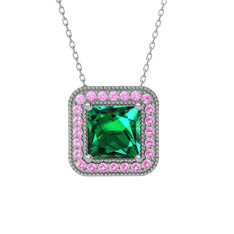 Esinti Kare Kolye - Yeşil kuvars ve pembe kuvars 14 ayar beyaz altın kolye (40 cm beyaz altın rolo zincir) #r9cg0d