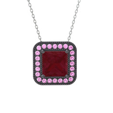 Esinti Kare Kolye - Kök yakut ve pembe kuvars 925 ayar siyah rodyum kaplama gümüş kolye (40 cm gümüş rolo zincir) #rlzm75