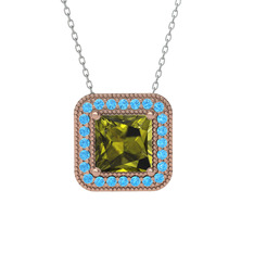 Esinti Kare Kolye - Peridot ve akuamarin 14 ayar rose altın kolye (40 cm beyaz altın rolo zincir) #ssqnai