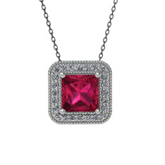 Esinti Kare Kolye - Rodolit garnet ve swarovski 14 ayar beyaz altın kolye (40 cm gümüş rolo zincir) #t12437