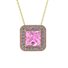 Esinti Kare Kolye - Pembe kuvars ve pırlanta 14 ayar rose altın kolye (0.264 karat, 40 cm altın rolo zincir) #t3uqt9