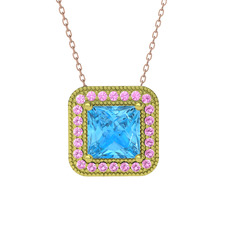 Esinti Kare Kolye - Akuamarin ve pembe kuvars 8 ayar altın kolye (40 cm rose altın rolo zincir) #t4utz0
