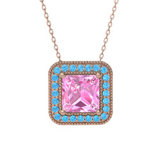 Esinti Kare Kolye - Pembe kuvars ve akuamarin 8 ayar rose altın kolye (40 cm rose altın rolo zincir) #t6zq7o