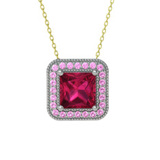 Rodolit garnet ve pembe kuvars 18 ayar beyaz altın kolye (40 cm gümüş rolo zincir)