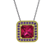 Rodolit garnet ve ametist 8 ayar altın kolye (40 cm gümüş rolo zincir)