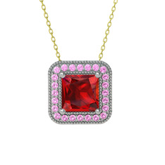 Garnet ve pembe kuvars 18 ayar beyaz altın kolye (40 cm gümüş rolo zincir)
